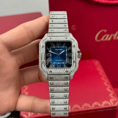 Cartier Santos De Cartier 39.8mm Blue Dial Full Moissanite - VIP Version