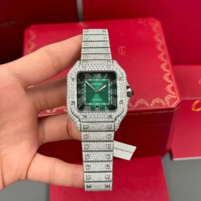 Cartier Santos De Cartier 39.8mm Green Dial Full Moissanite - VIP Version